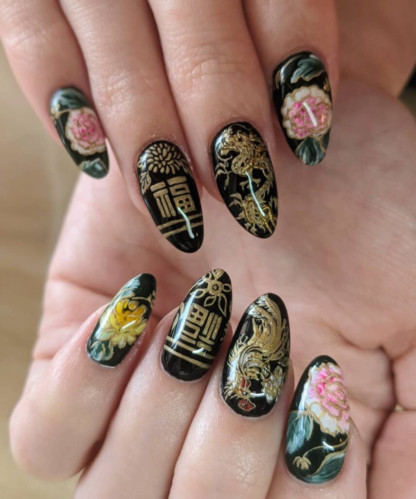 Black Gold Dragon nails