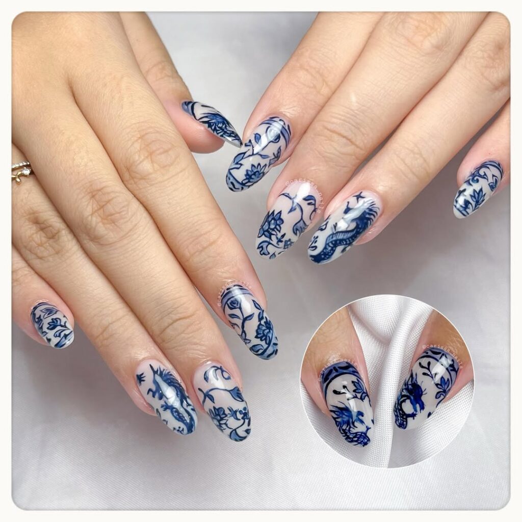 Blue Porcelain Dragon nails