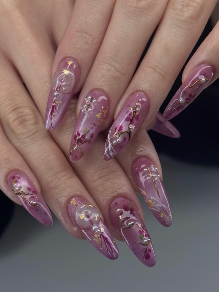 Mauve Blossom Pearls nails