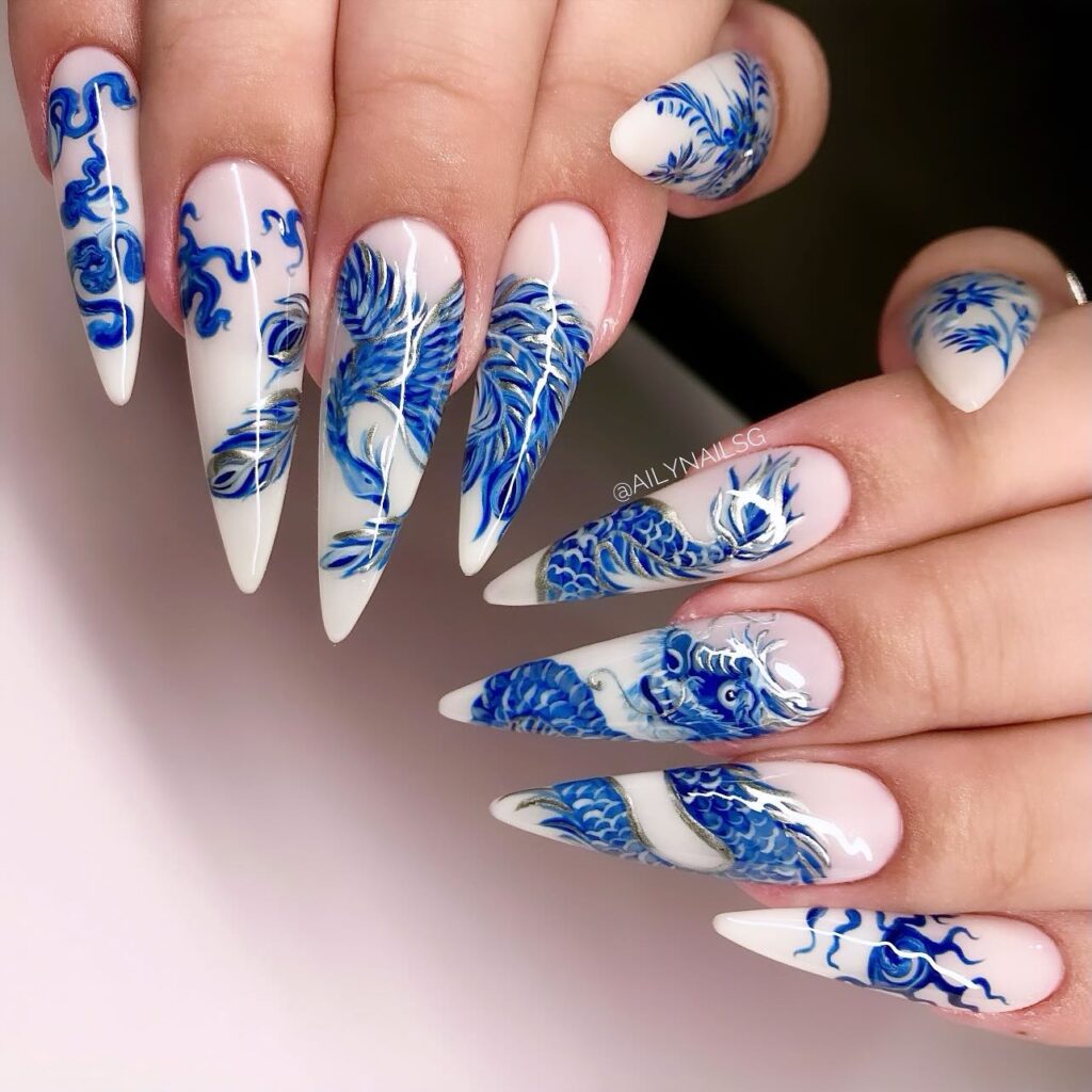 Blue Porcelain Phoenix nails