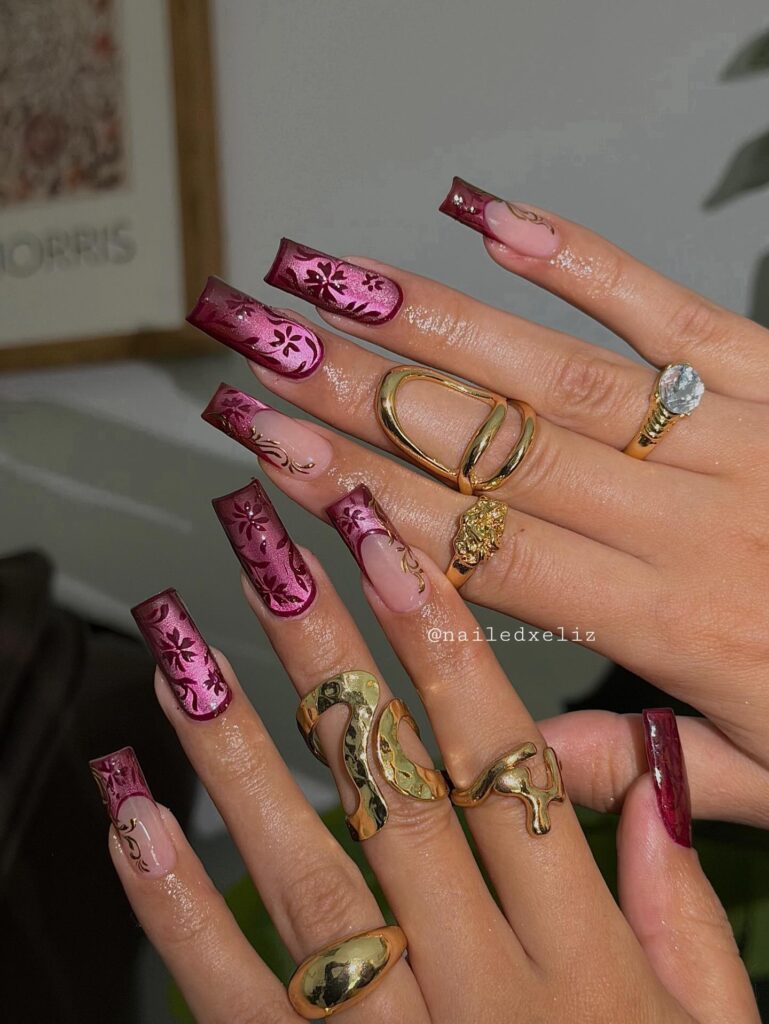 Magenta Baroque Coffin nails
