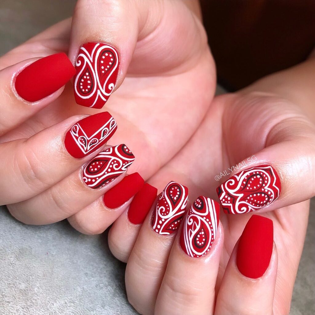 Red Paisley Matte nails