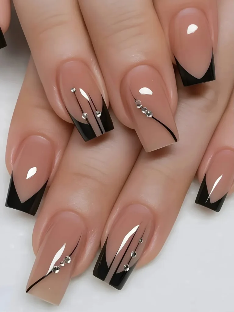 Black Tip Crystals nails