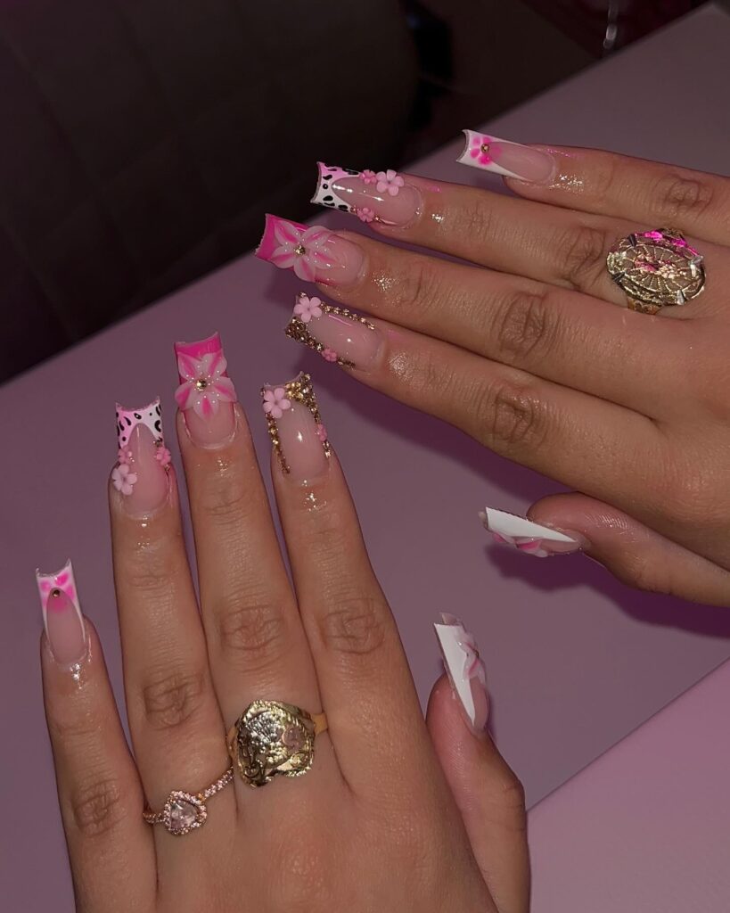 Pink Floral Gold nails