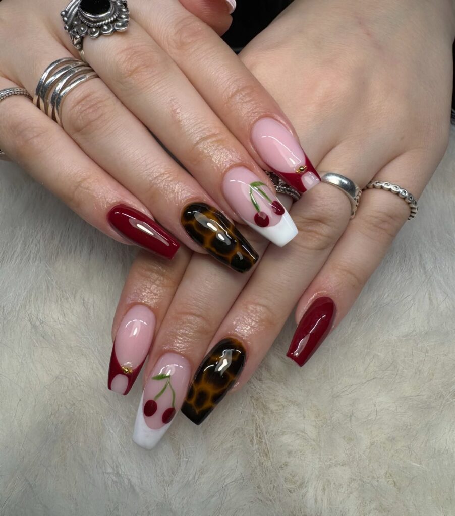 Cherry Leopard French nails