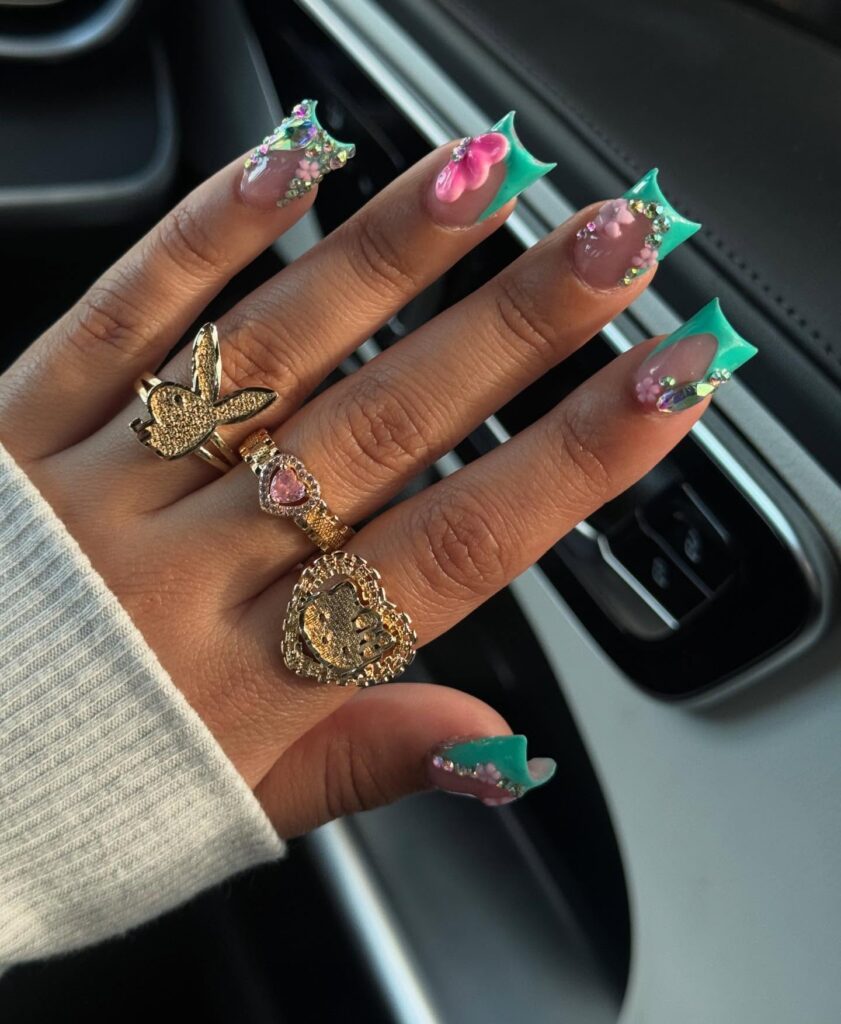 Teal Floral Baddie nails
