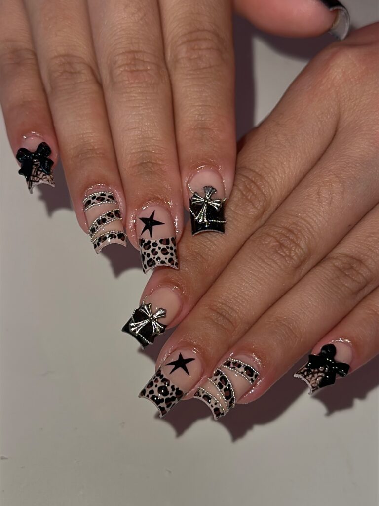 Leopard Bow Chrome nails