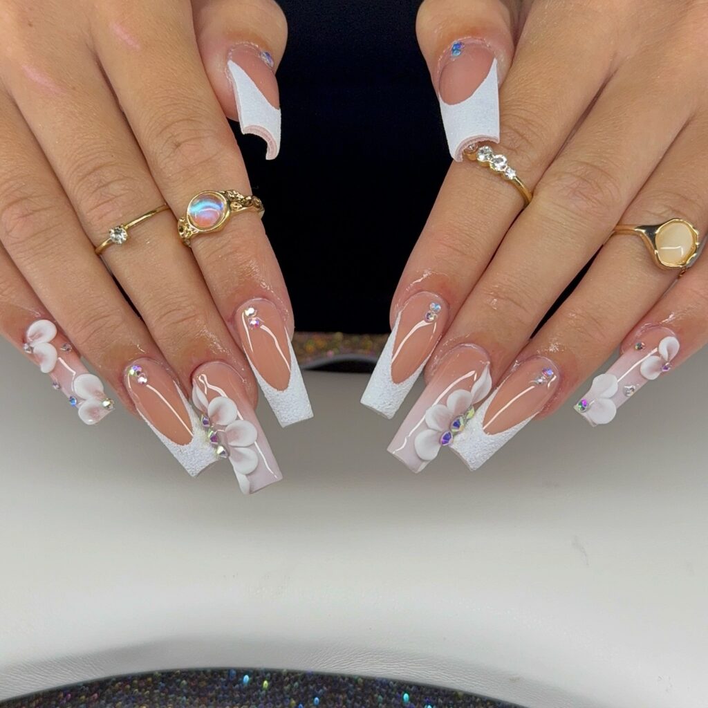 White Floral French nails
