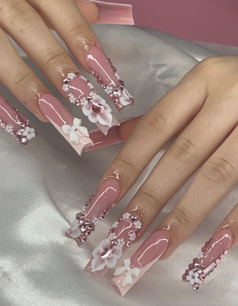 Rosé Floral 3D nails