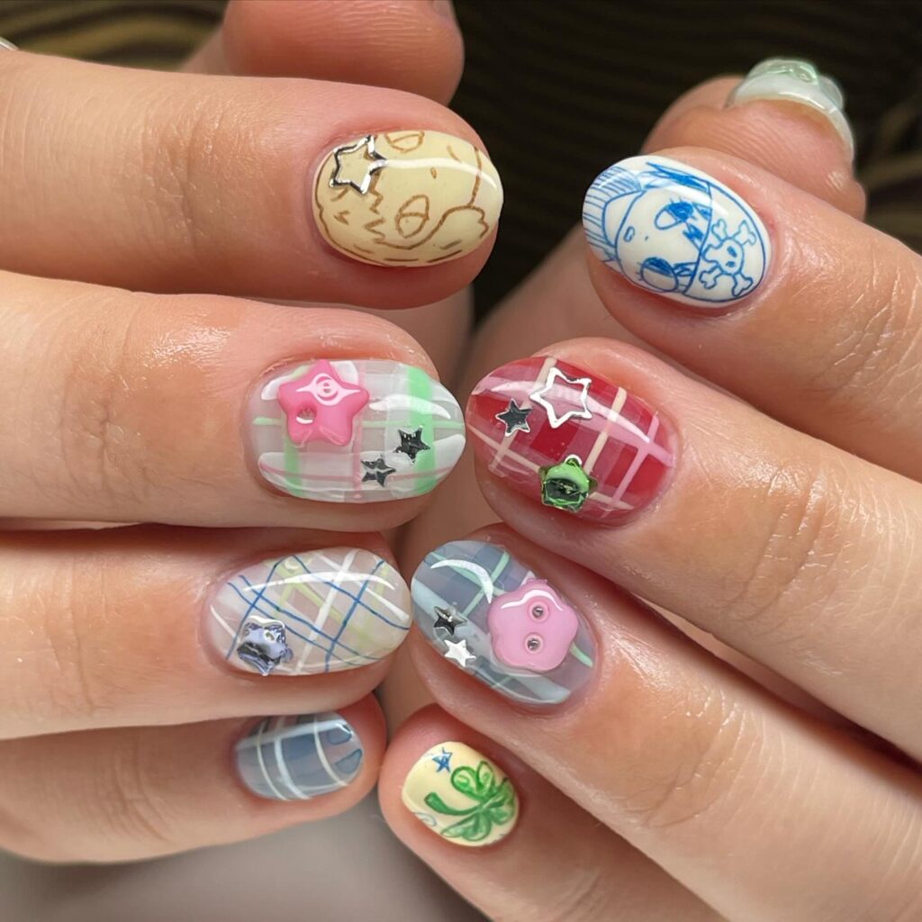 Kidcore Plaid Charms nails