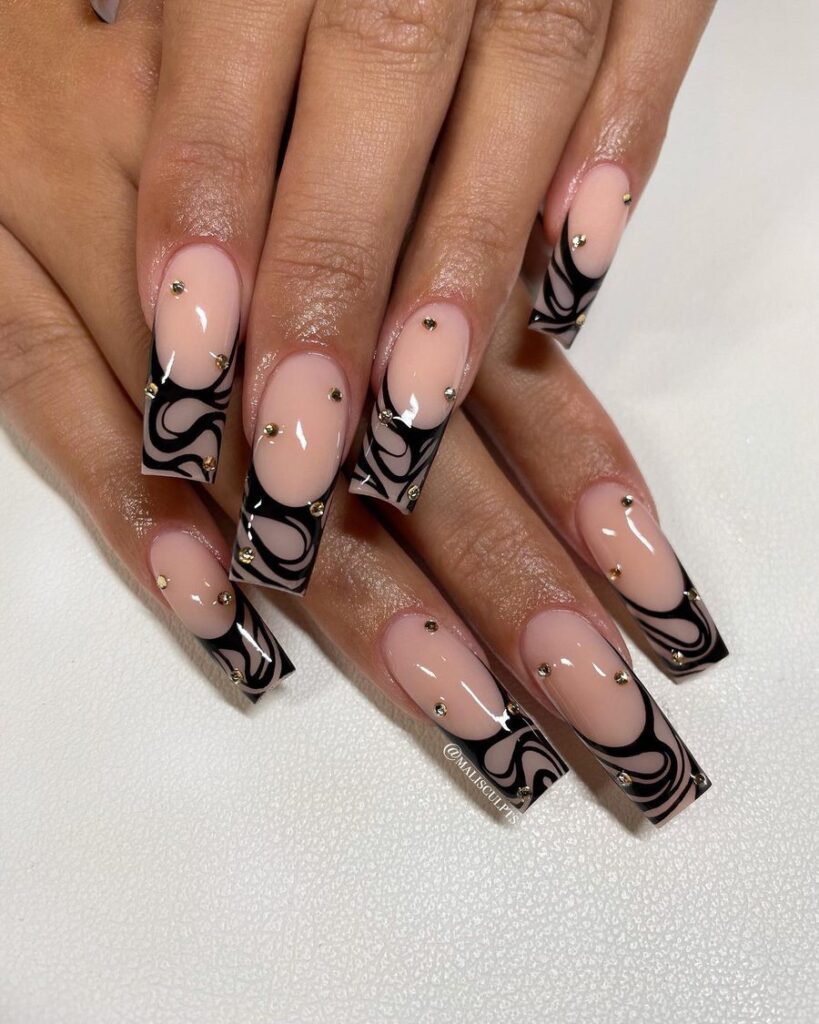 Nude Black Swirl nails