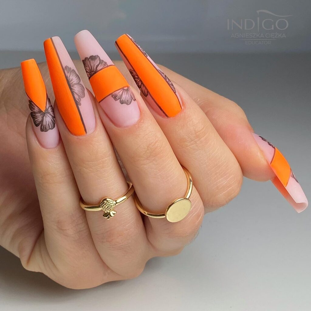 Neon Orange Botanical nails