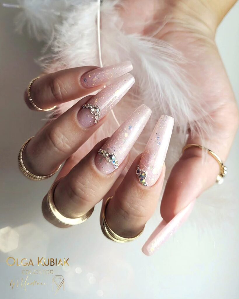 Champagne Rhinestone Glow nails