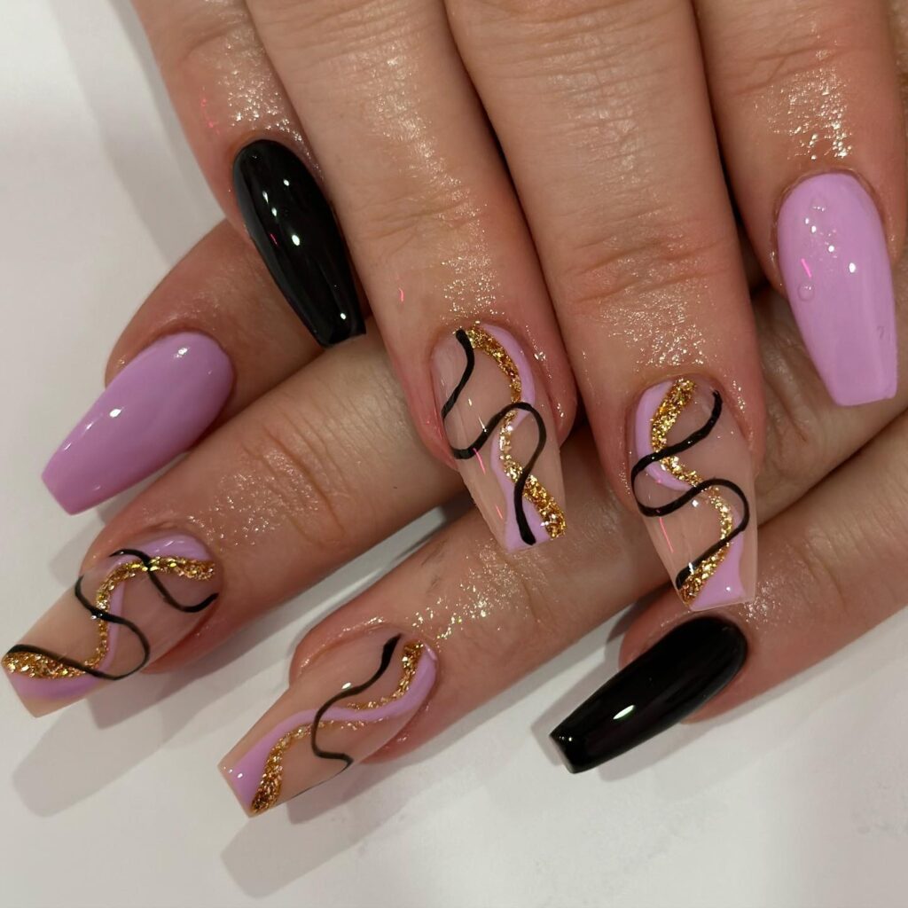 Purple Gold Swirls nails