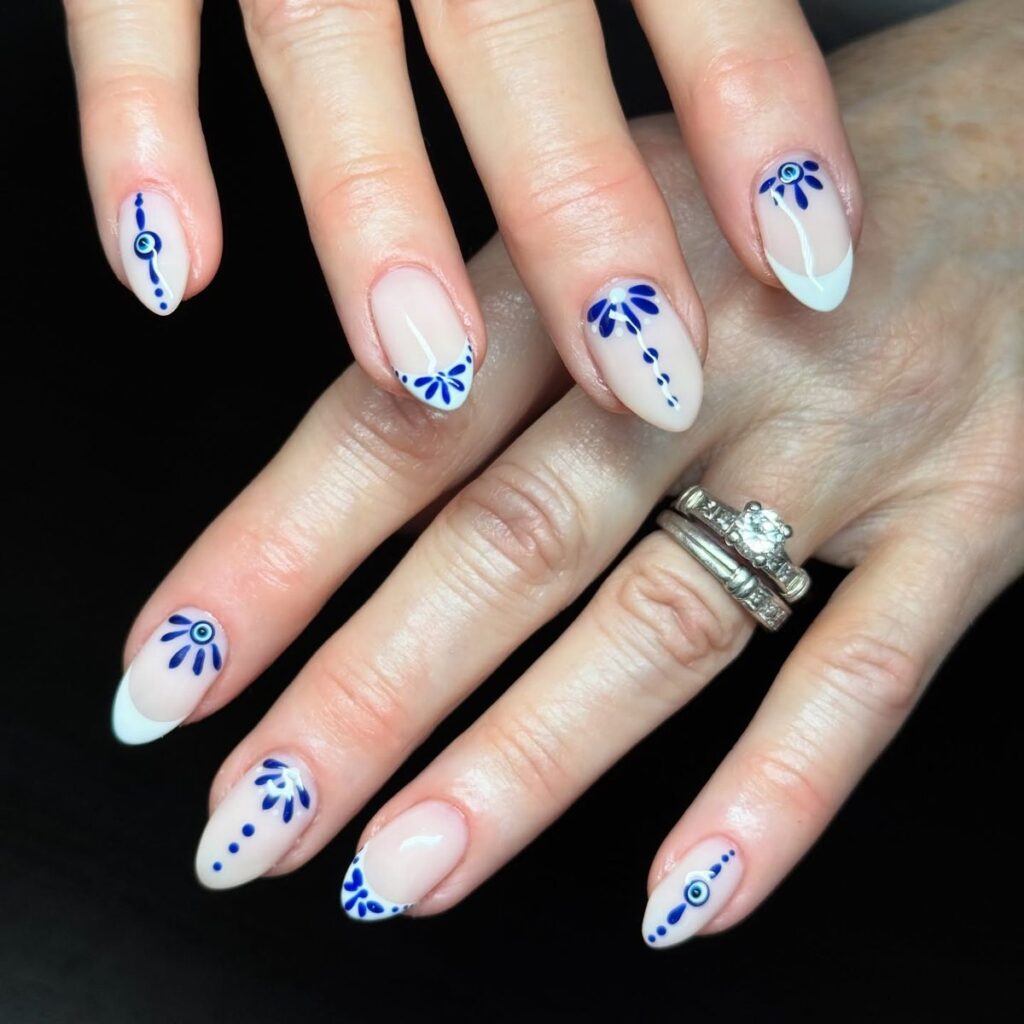 White French Evil Eye Florals nails