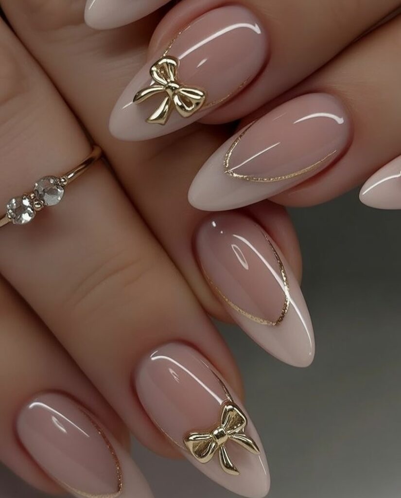Gold Bow Blush nails
