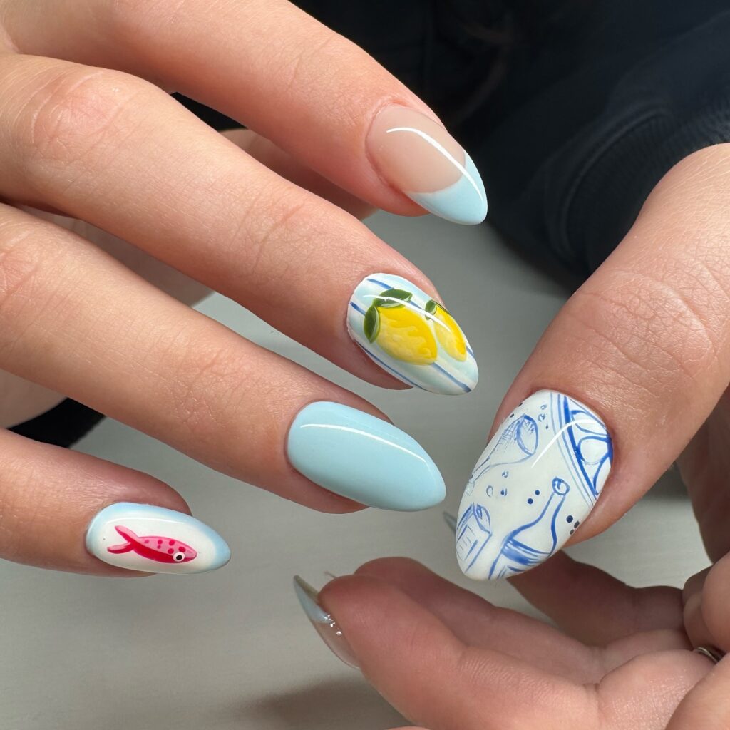 Blue & Lemon Almond nails