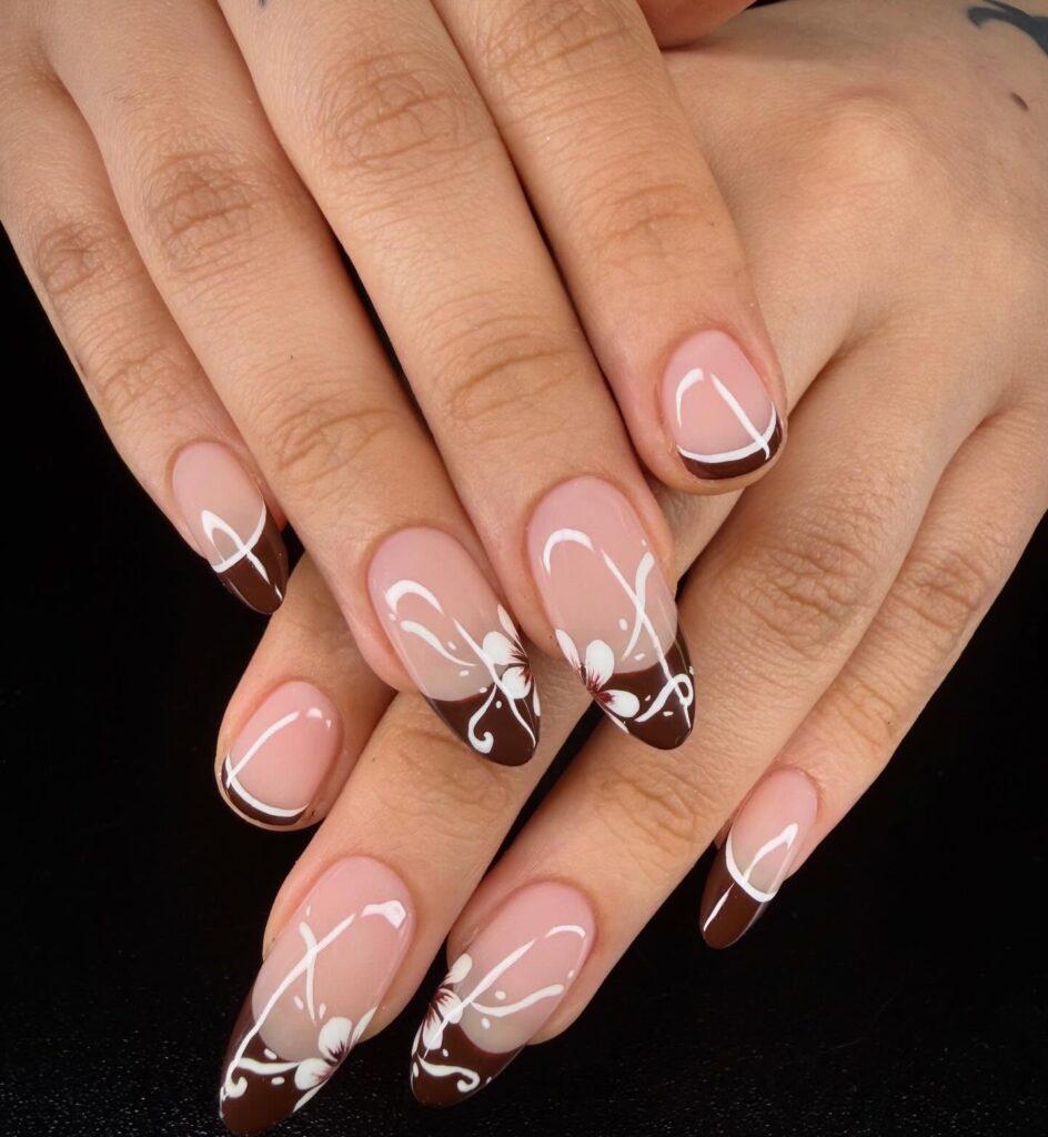 Mocha Floral Tips nails