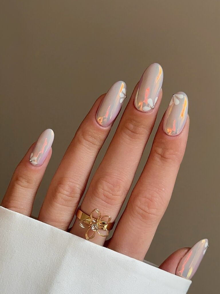 Iridescent Floral Chrome nails