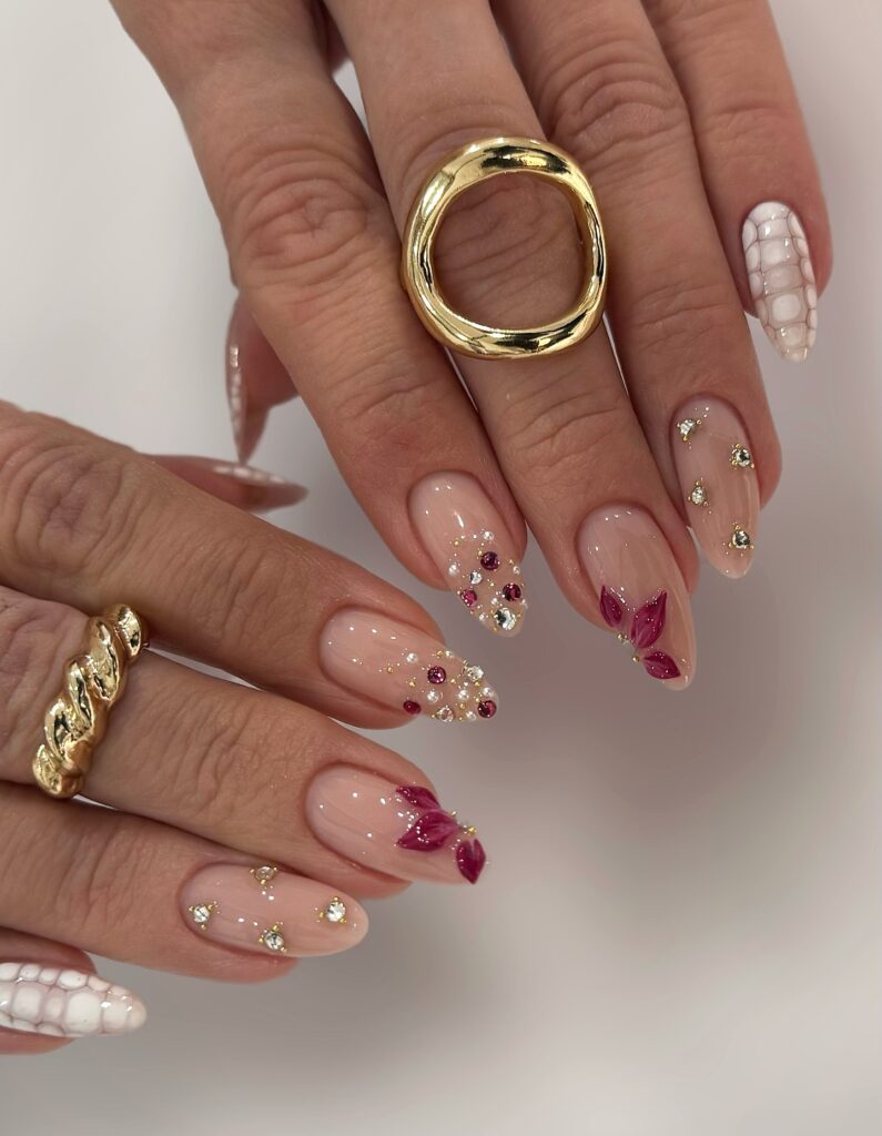 Burgundy Petal Gems nails