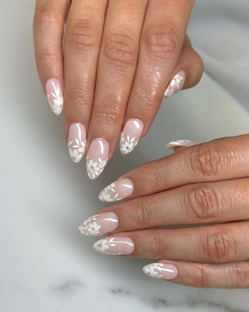 White Floral Almond nails