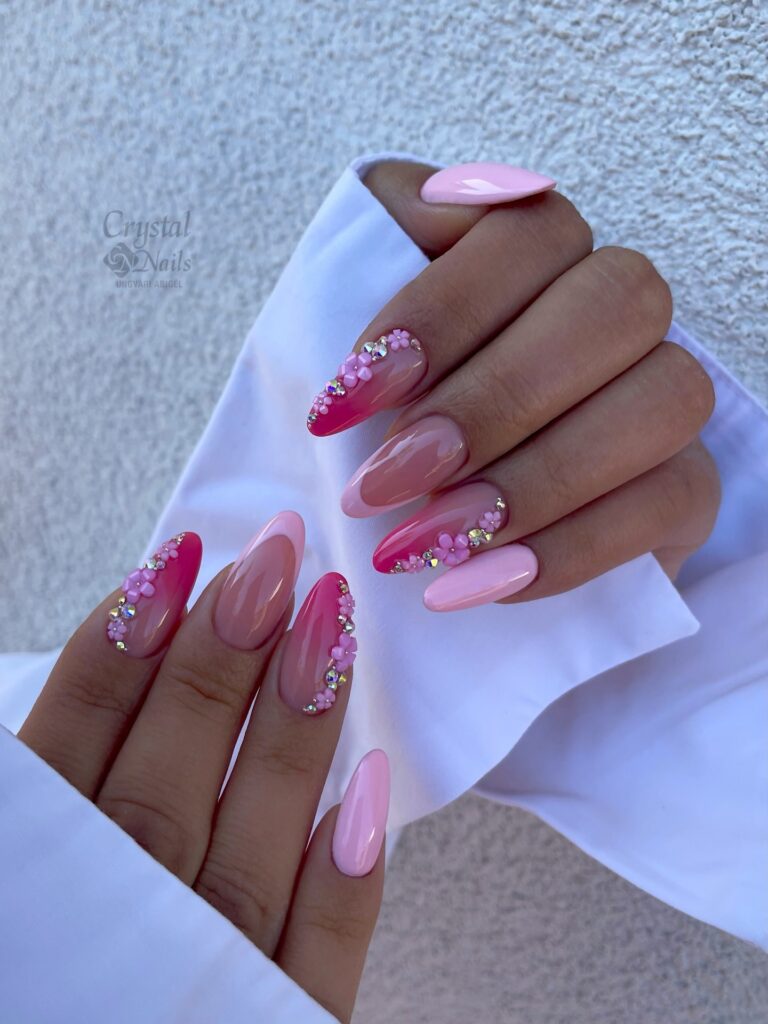 Hot Pink Daisy Gems nails