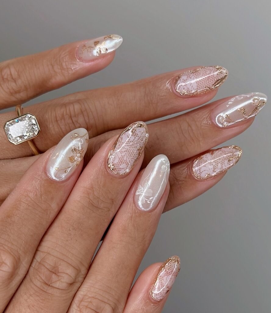 Pearl Lace & Gold nails