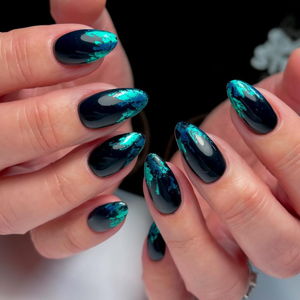 Black Teal Foil nails