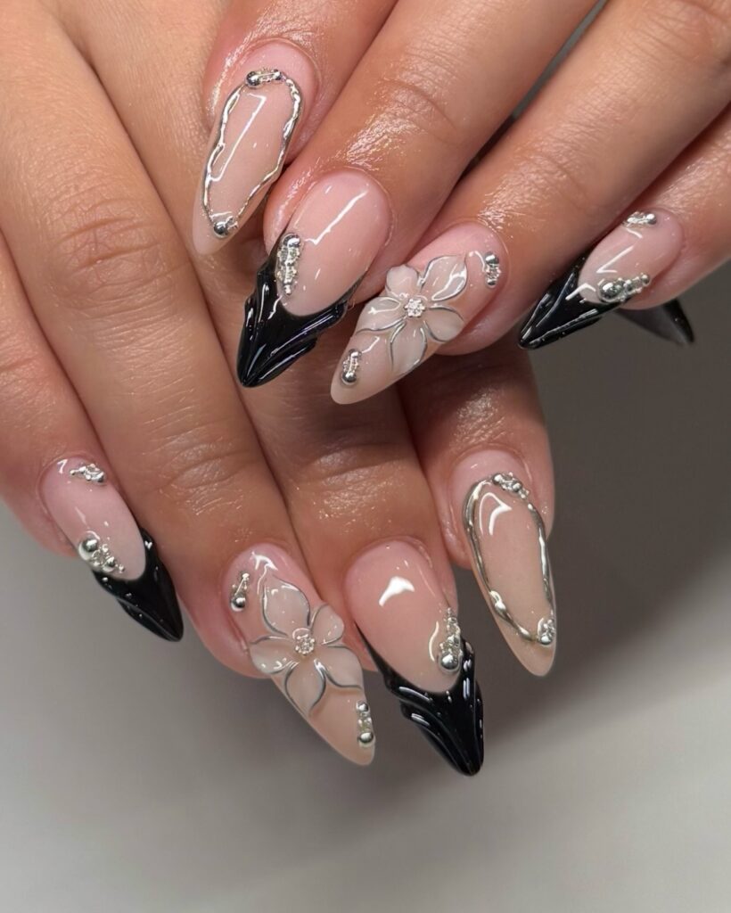Black Silver Florals nails