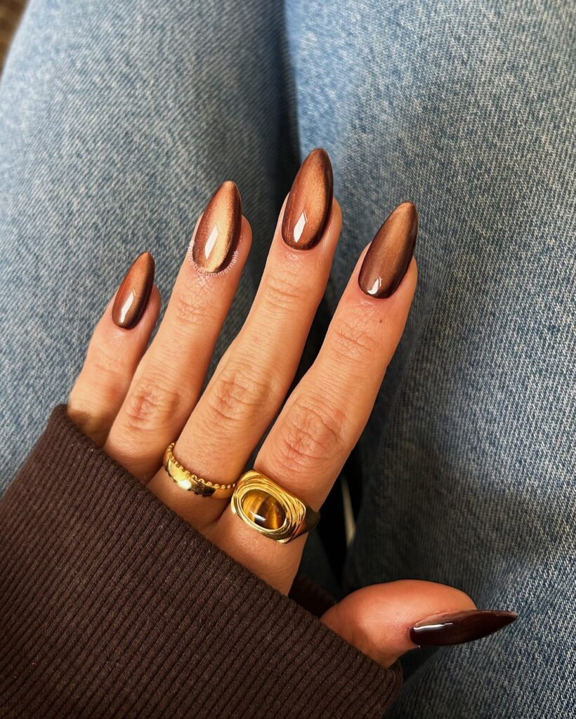 glossy brown cat eye nails