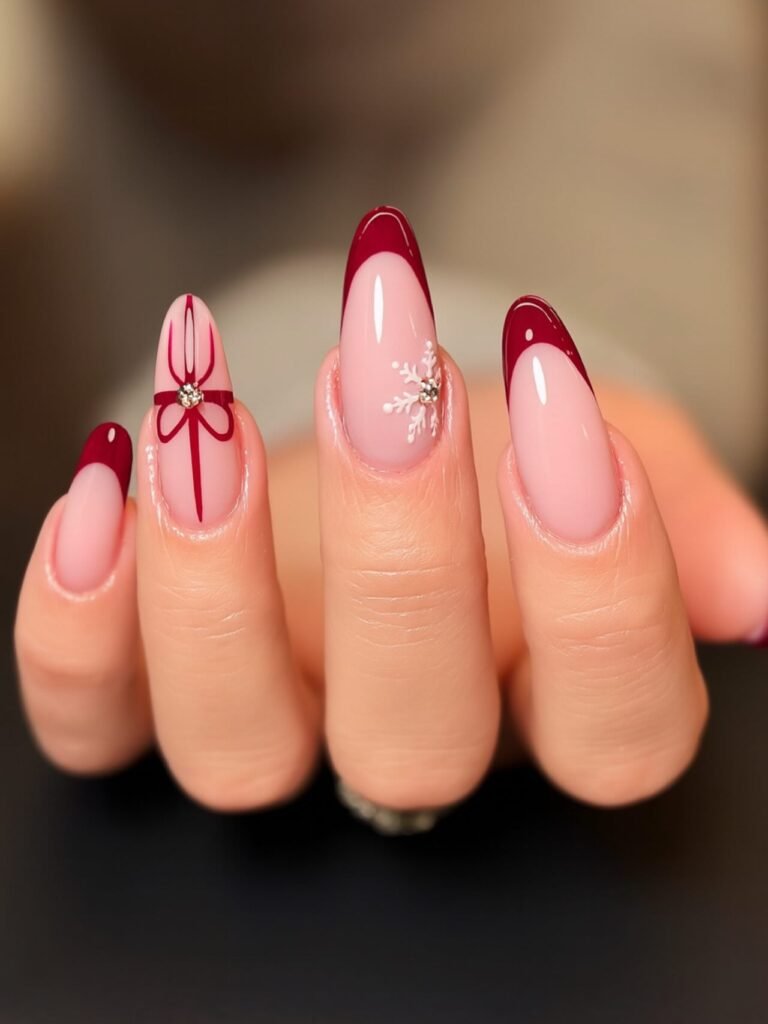 Cherry Bow & Snowflake nails
