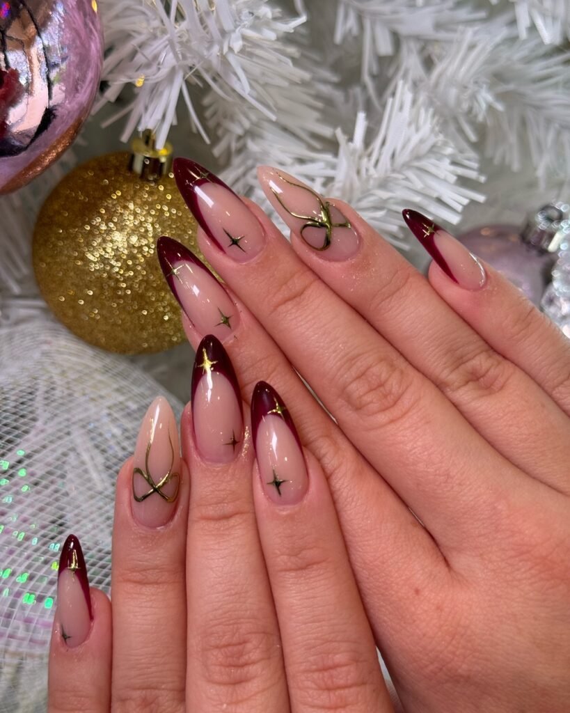 Dark Cherry Gold Stars nails