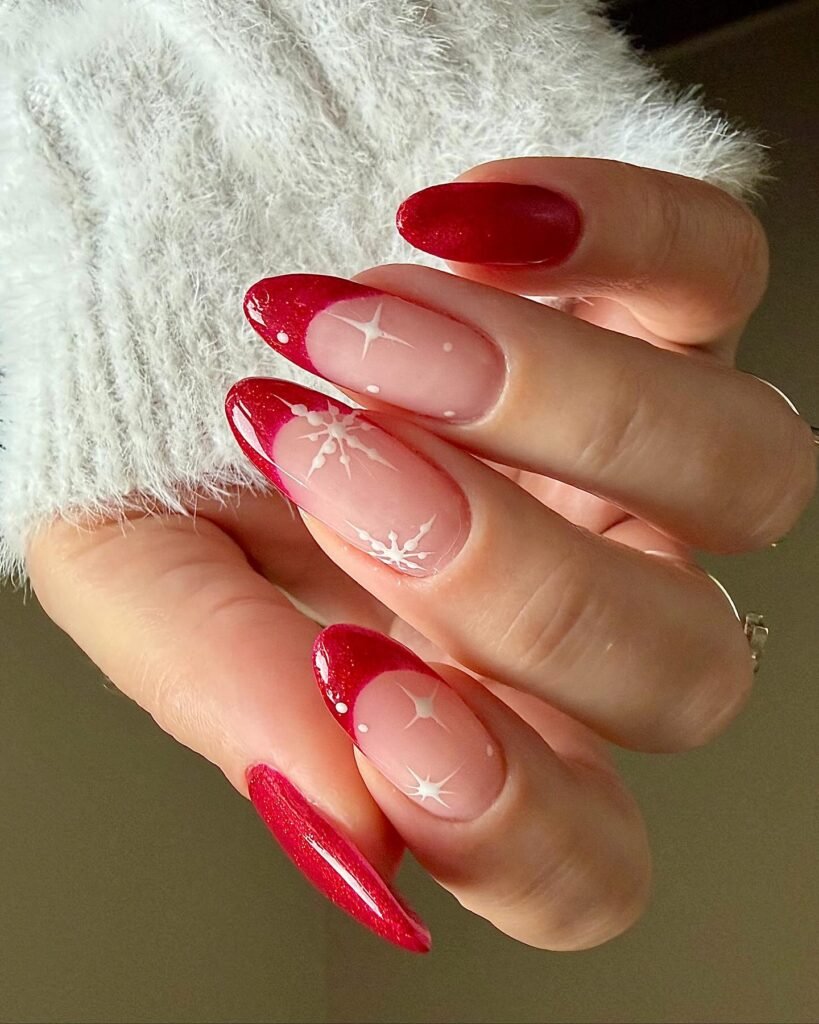 Red Tips & Snowflakes nails