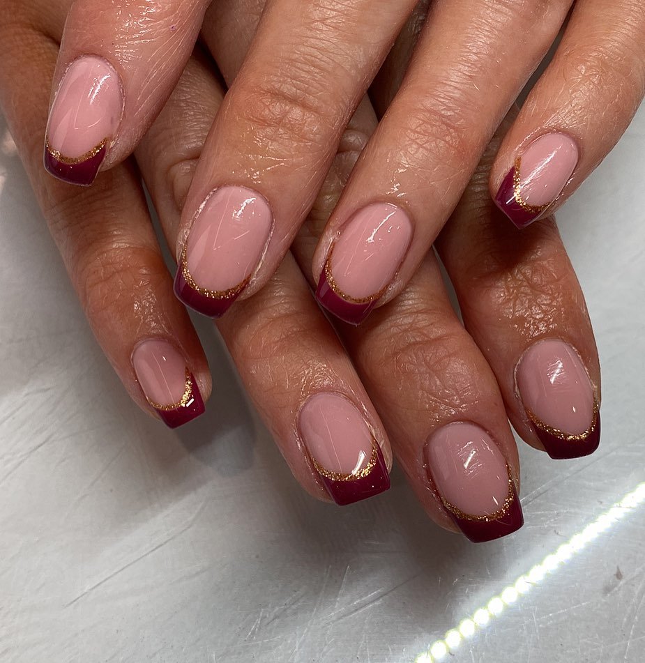 Burgundy Gold Trim nails
