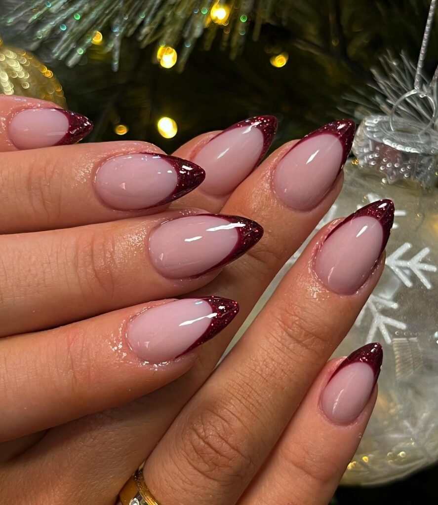 Burgundy Glitter Points nails