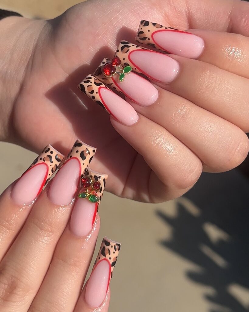 Cheetah Cherry Gems nails