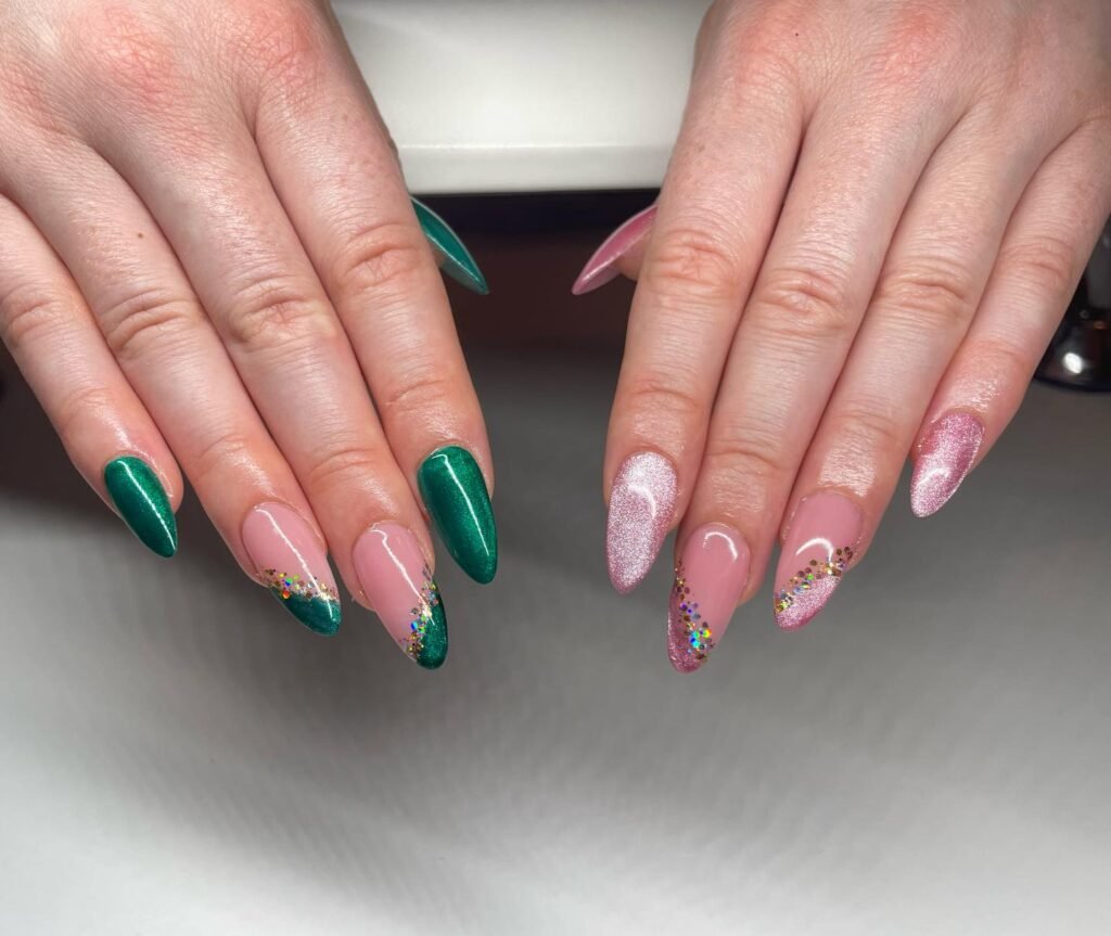 Emerald Confetti Tips nails