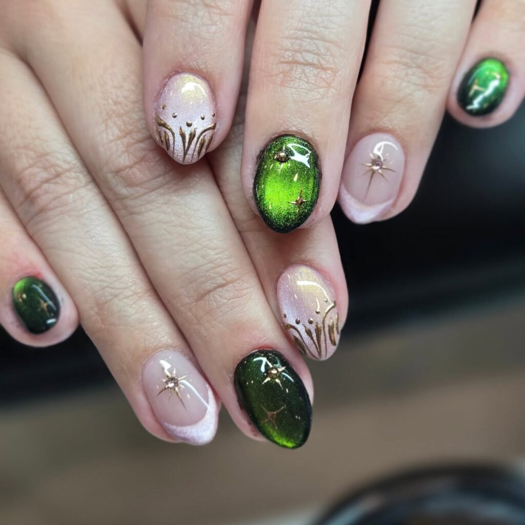 Emerald Botanical Chrome nails