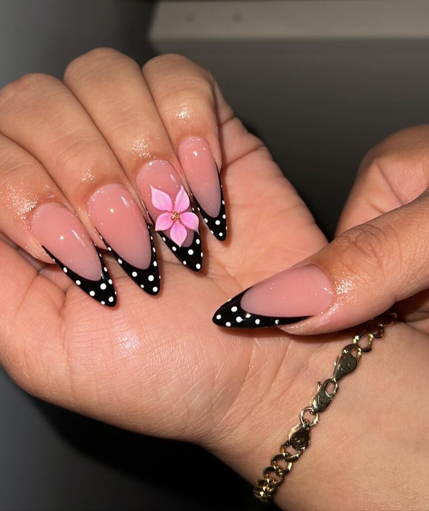 Black Polka Floral nails