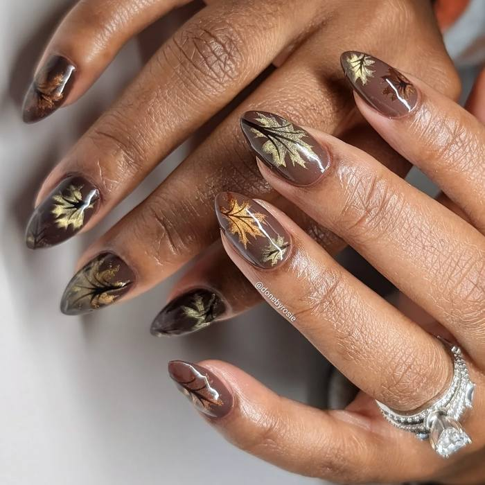 Cocoa Nails with Gold Maple Leaves