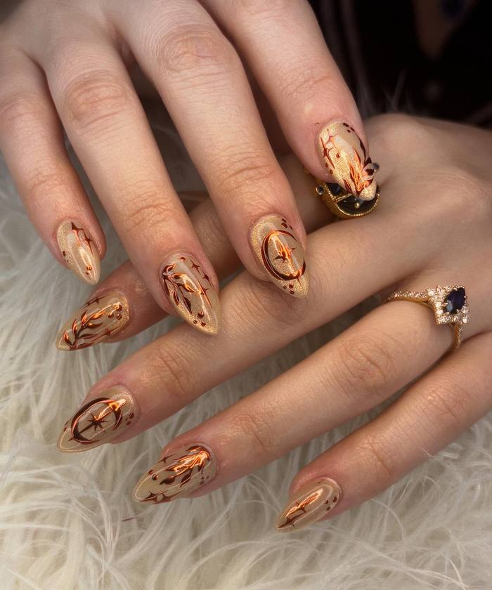 Gold Cat Eye with Copper Linework