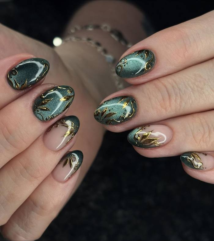 Hunter Green Cat Eye with Gold Vines