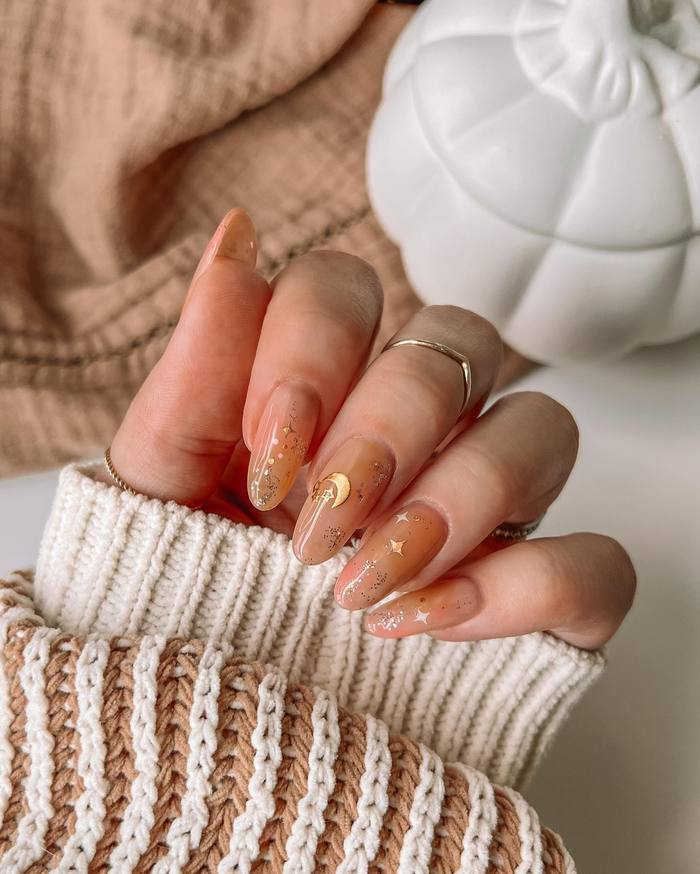 Sheer Amber with Gold Stars and Moon