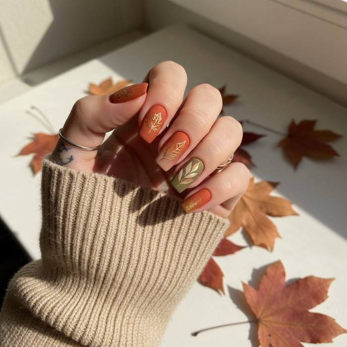 Burnt Orange with Gold Leaf Outlines
