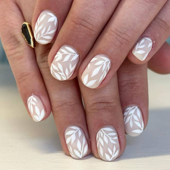 Sheer Nude with White Leaf Trails