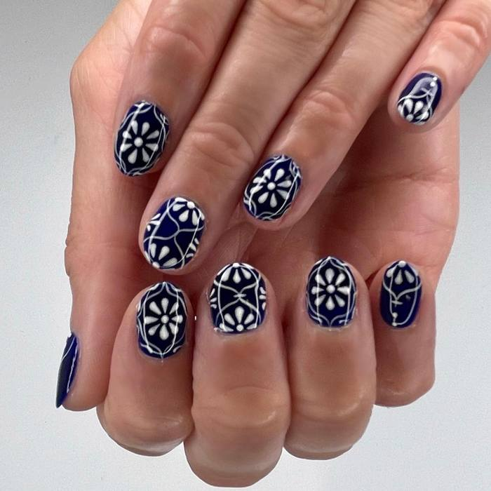 Navy with White Porcelain Florals
