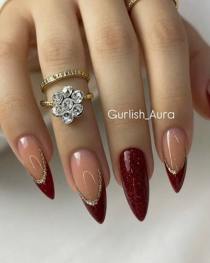 Oxblood French with Gold Glitter Lines