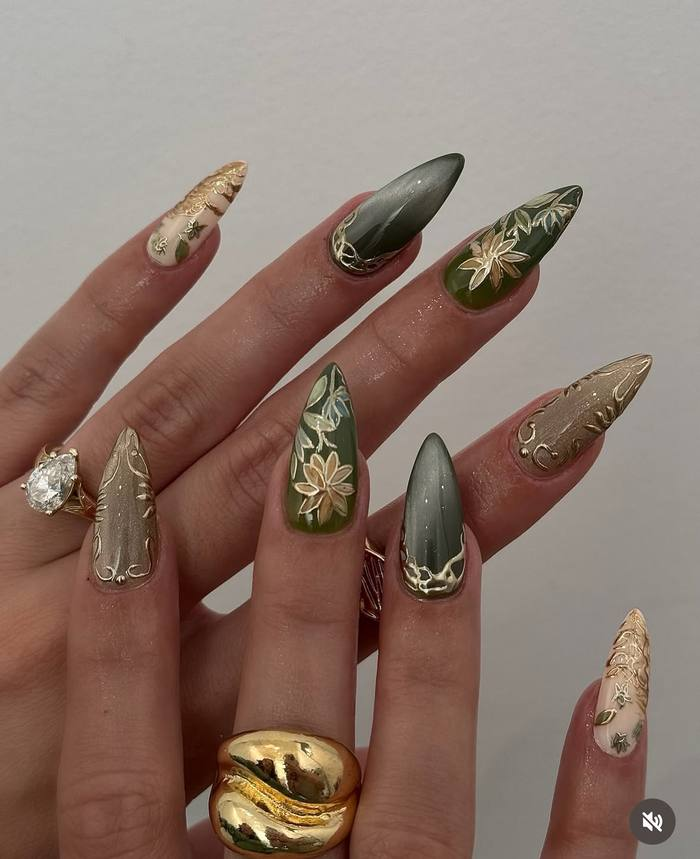 Olive Cat Eye with Gold Botanicals
