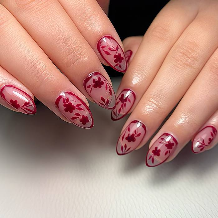 Sheer Red with Painted Blossoms