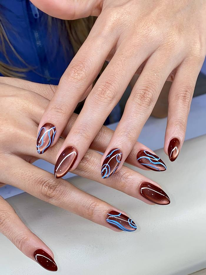 Chocolate Cat Eye with Sky Blue Linework